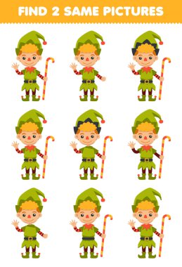 Education game for children find two same pictures of cute cartoon dwarfs boy costume halloween printable worksheet