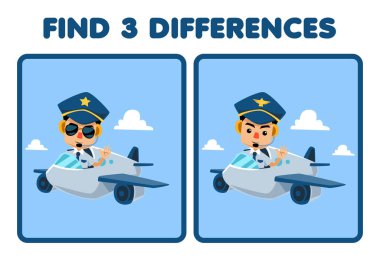 Education game for children find three differences between two cute cartoon pilot profession printable worksheet
