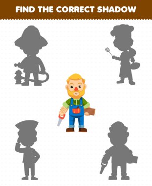 Education game for children find the correct shadow set of cute cartoon profession carpenter printable worksheet