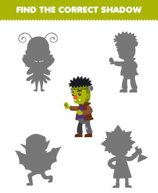 Education game for children find the correct shadow set of cute cartoon frankenstein costume halloween printable worksheet