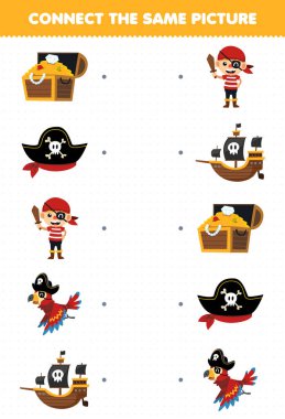 Education game for children connect the same picture of cute cartoon treasure chest pirate hat boy parrot ship halloween printable worksheet