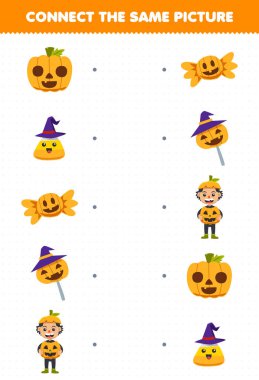 Education game for children connect the same picture of cute cartoon pumpkin boy corn candy halloween printable worksheet