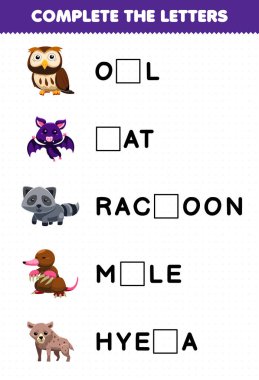 Education game for children complete the letters from cute nocturnal animal name printable worksheet