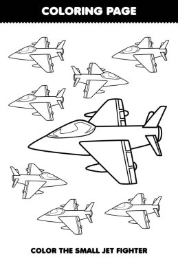 Education game for children coloring page big or small picture of cute cartoon jet fighter transportation line art printable worksheet