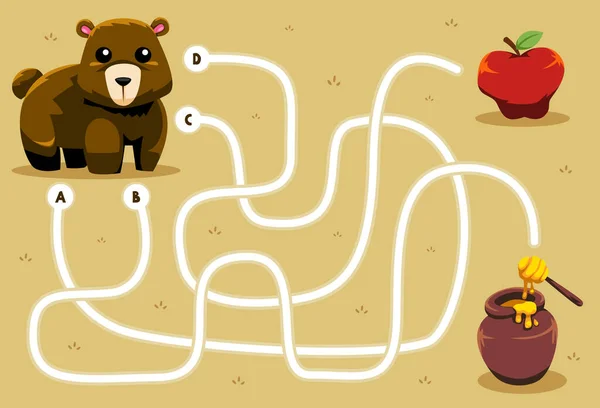 かわいい漫画動物クマと子供のための迷路パズルゲームは リンゴや蜂蜜印刷ワークシートを探しています — ストックベクタ