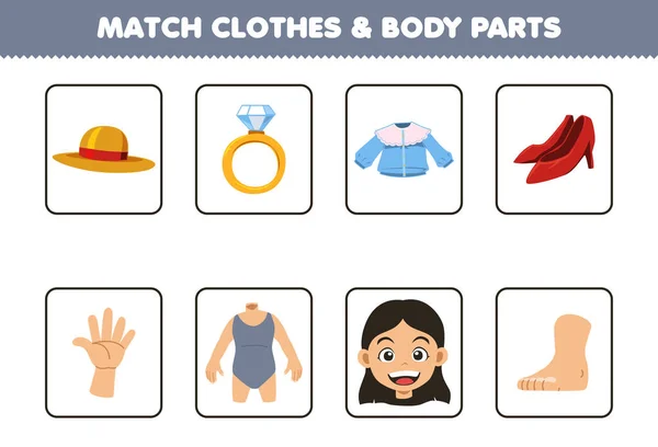 Education Game Children Match Clothes Body Part Cute Cartoon Wearable — Wektor stockowy