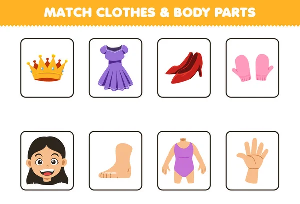 Education Game Children Match Clothes Body Part Cute Cartoon Wearable — Wektor stockowy