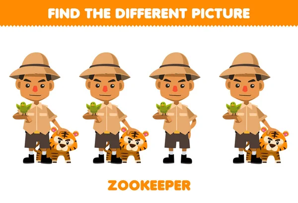 子供のための教育ゲームは 可愛い漫画の動物園キーパーの職業印刷可能なワークシートの異なる画像を見つける — ストックベクタ