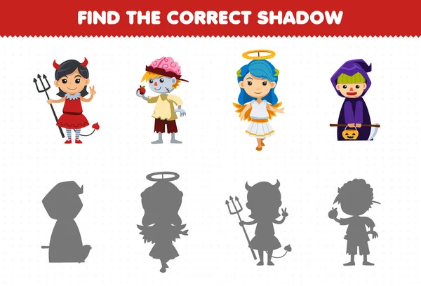 Education Game Children Find Correct Shadow Set Cute Cartoon Devil — Image vectorielle