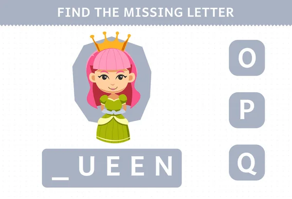 子供のための教育ゲームはかわいい漫画の女王ハロウィン衣装印刷ワークシートの不足している手紙を見つける — ストックベクタ