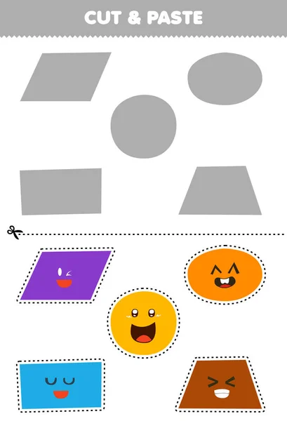 子供のための教育ゲームは 正しい部品印刷ワークシートにかわいい漫画の幾何学的な形の平行四角形の楕円形の台形をカットし 貼り付ける — ストックベクタ