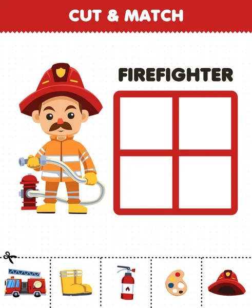 Education game for children cut and match the correct stuff for cute cartoon firefighter profession printable worksheet