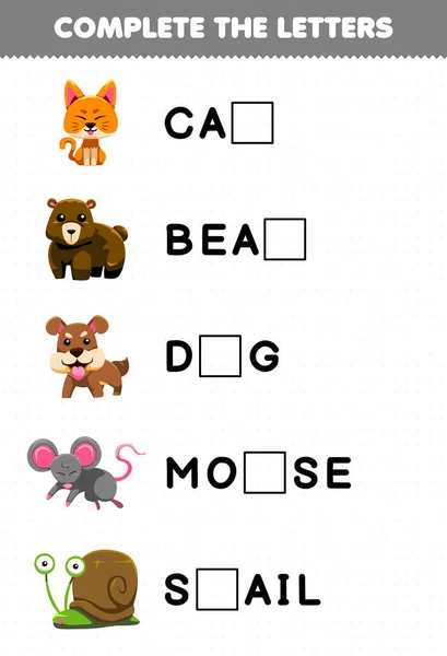 Education Game Children Complete Letters Cute Animal Name Cat Bear — Stockvector