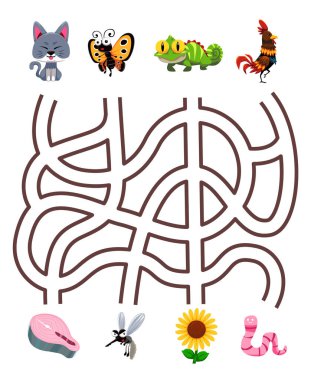 Maze puzzle game for children pair cute cartoon cat butterfly iguana chicken with the correct food printable worksheet