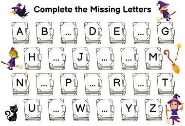 Education game for complete the missing letters with cute cartoon crow black cat broom magic wand witch costume picture halloween printable worksheet