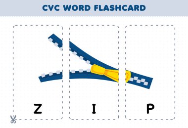 Education game for children learning consonant vowel consonant word with cute cartoon ZIP illustration printable flashcard