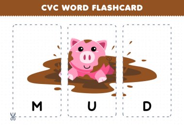 Education game for children learning consonant vowel consonant word with cute cartoon pig in MUD illustration printable flashcard