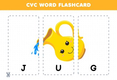 Education game for children learning consonant vowel consonant word with cute cartoon JUG pouring water illustration printable flashcard