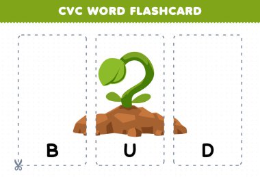 Education game for children learning consonant vowel consonant word with cute cartoon BUD of plant illustration printable flashcard
