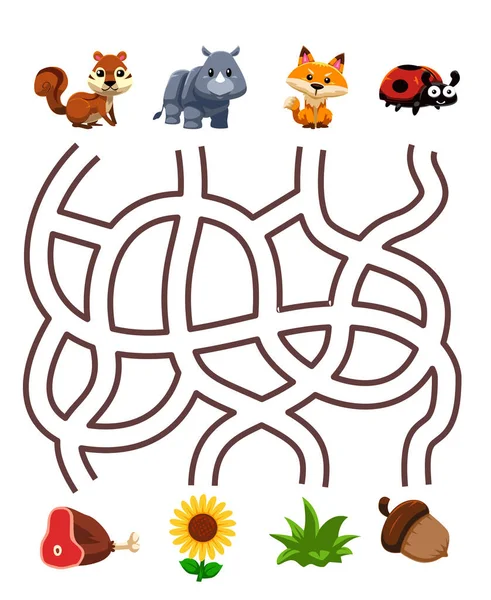 子供のための迷路パズルゲームは 正しい食品印刷ワークシートとかわいい漫画リスサイキツネてんとう虫をペア — ストックベクタ