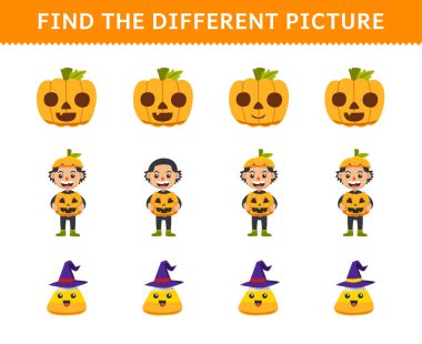 Education game for children find the different picture in each row of cute cartoon pumpkin boy costume corn candy halloween printable worksheet