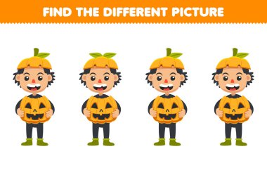 Education game for children find the different picture in each row of cute cartoon pumpkin boy costume halloween printable worksheet