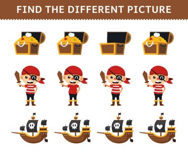Education game for children find the different picture in each row of cute cartoon treasure chest ship pirate boy costume halloween printable worksheet