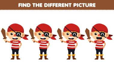 Education game for children find the different picture in each row of cute cartoon pirate boy costume halloween printable worksheet