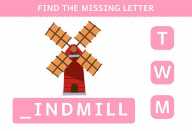 Education game for children find missing letter of cute cartoon windmill printable farm worksheet