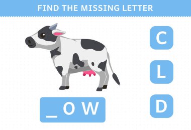 Education game for children find missing letter of cute cartoon cow printable farm worksheet