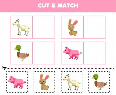 Education game for children cut and match the same picture of cute cartoon goat rabbit duck pig printable farm worksheet