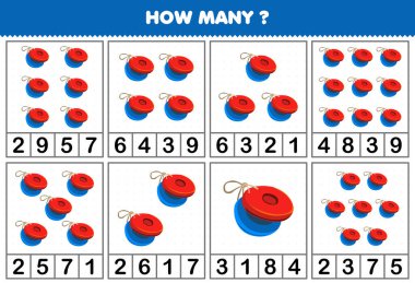 Education game for children counting how many objects in each table of cartoon music instrument castanet printable worksheet