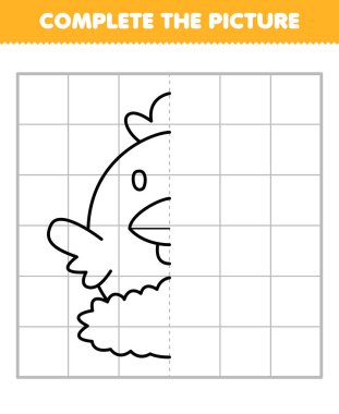 Education game for children complete the picture of cute cartoon chicken in the nest half outline for drawing printable farm worksheet