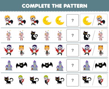 Education game for children complete the pattern by guess the correct picture of cute cartoon dracula costume halloween printable worksheet
