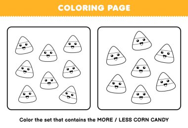 Education game for children coloring page more or less picture of cute cartoon corn candy line art set halloween printable worksheet