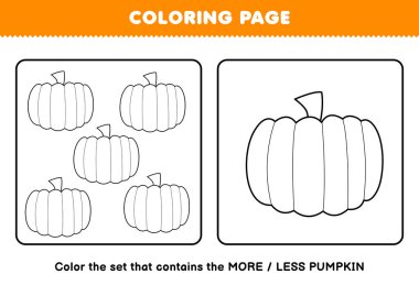 Education game for children coloring page more or less picture of cartoon pumpkin vegetable line art set printable worksheet
