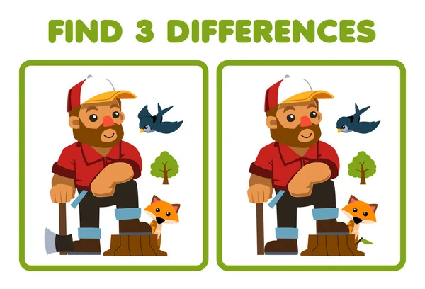 子供のための教育ゲームは 2つのかわいい漫画の木のカッターの間に3つの違いを見つけるキツネや鳥の農場印刷可能なワークシートの横に斧を運ぶ — ストックベクタ
