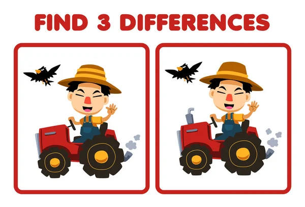 子供のための教育ゲームは 2つのかわいい漫画農家の運転トラクターファーム印刷ワークシートの3つの違いを見つける — ストックベクタ