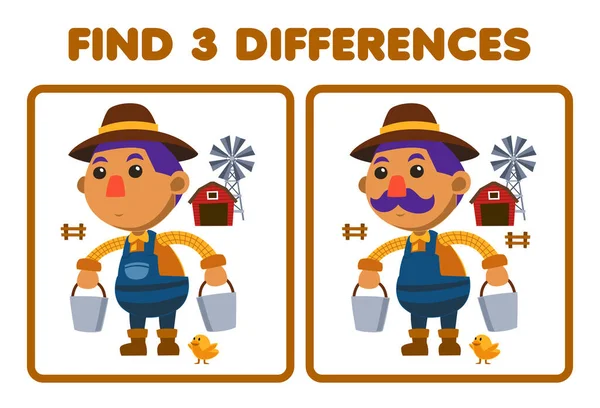 子供のための教育ゲームは 納屋の農場の印刷可能なワークシートの前にバケツを運ぶ2つのかわいい漫画農家の3つの違いを見つける — ストックベクタ