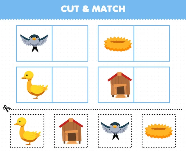Education Game Children Cut Match Same Picture Cute Cartoon Bird — Vettoriale Stock