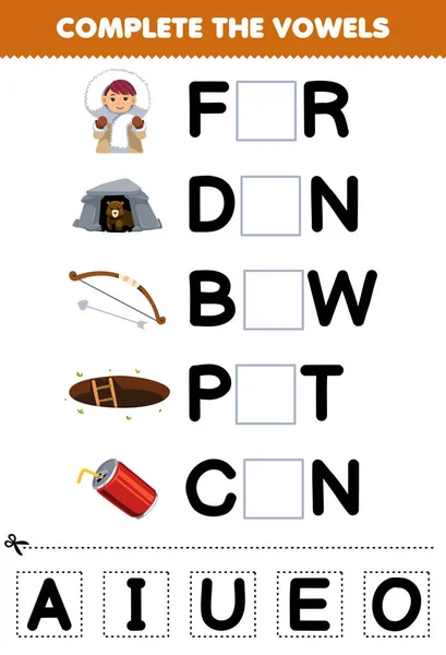 Education Game Children Complete Vowels Cute Cartoon Fur Den Bow — Stockvector