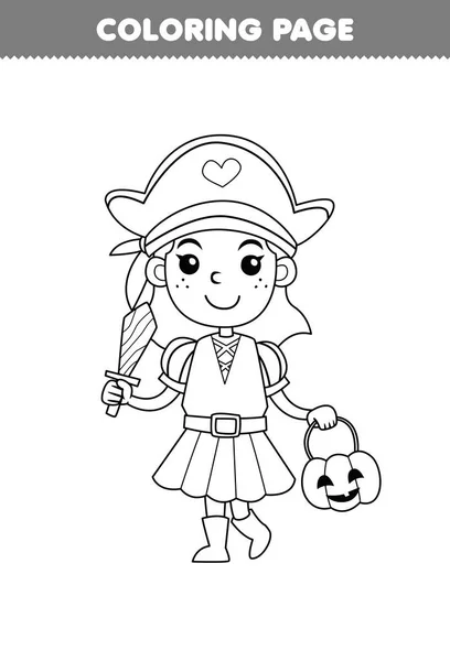 子供のための教育ゲームかわいい漫画海賊少女ラインアートハロウィン印刷ワークシートの着色ページ — ストックベクタ