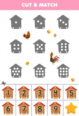 Educational game for kids count the dots on each silhouette and match them with the correct numbered coop printable farm worksheet