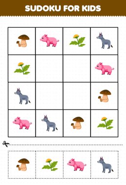 Education game for children sudoku for kids with cute cartoon pig donkey mushroom flower printable farm worksheet