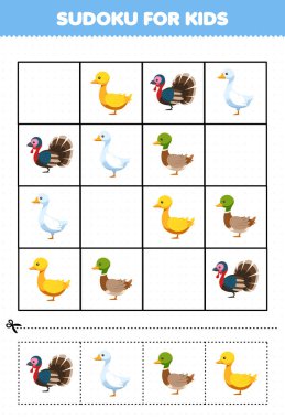 Education game for children sudoku for kids with cute cartoon duck turkey goose printable farm worksheet
