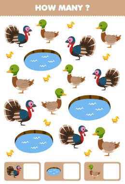 Education game for children searching and counting how many objects of cute cartoon turkey duck pond printable farm worksheet