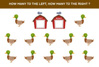 Education game for children of counting left and right picture of cute cartoon duck printable farm worksheet