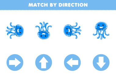 Education game for children match by direction left right up or down orientation of cute cartoon jellyfish printable animal worksheet