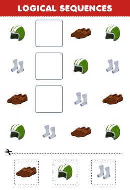 Education game for children logical sequences for kids with cute cartoon helm shoes socks printable wearable clothes worksheet