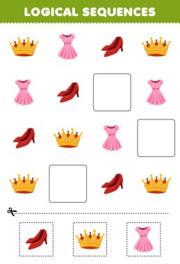 Education game for children logical sequences for kids with cute cartoon crown dress heels printable wearable clothes worksheet